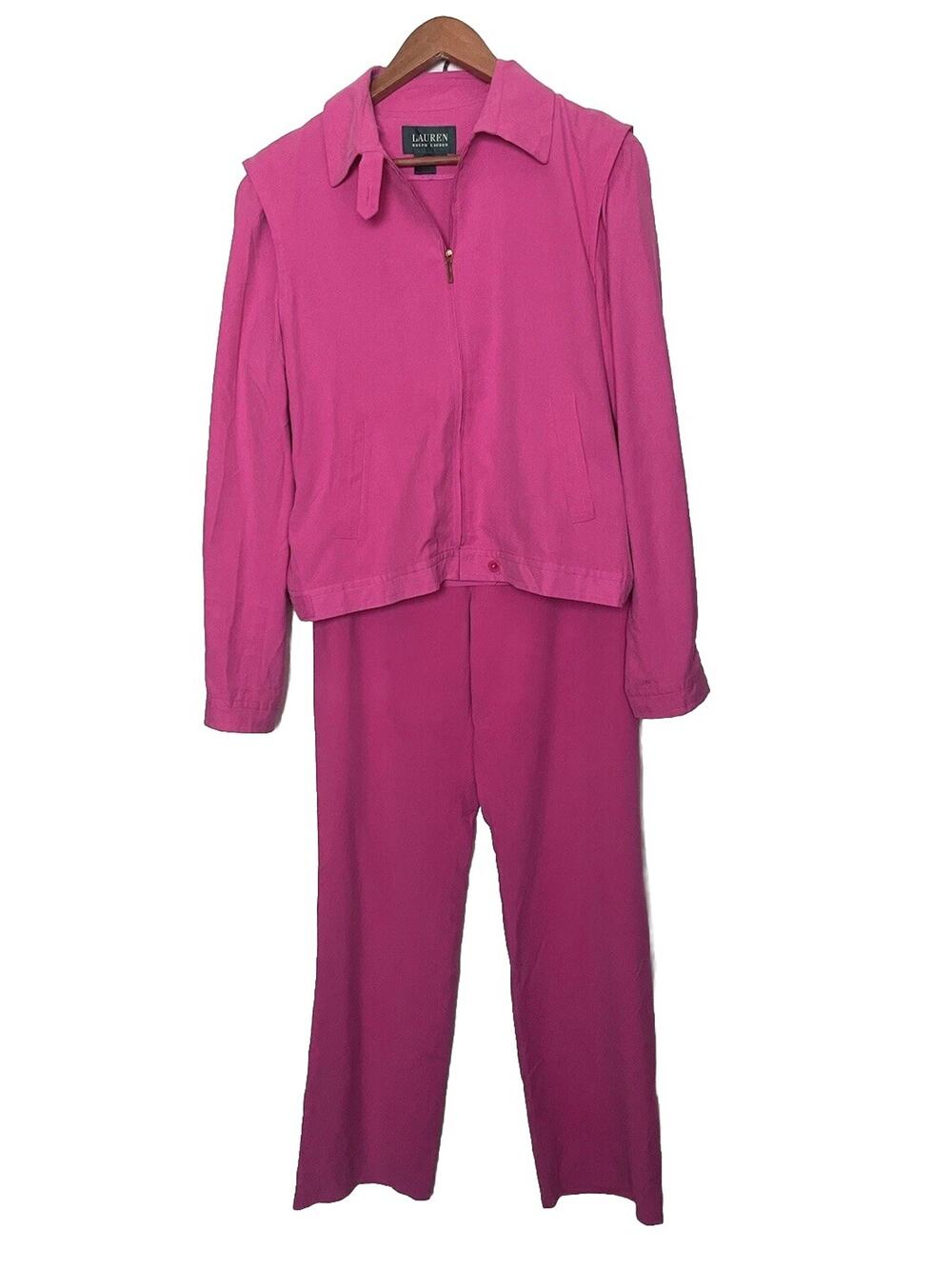 Lauren Ralph Lauren 100% Silk Pink Suit Set Women Sz 6 Pants, Size Large Jacket